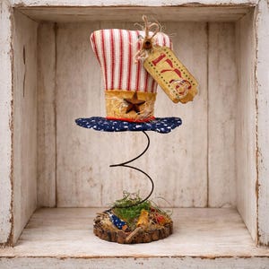 Primitive Uncle Sam Hat on Rusty Bed Spring | Patriotic Ticking Fabric Hat | Wood Slice Base with Handmade Firecrackers | July 4th Decor