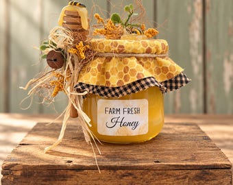Handmade Faux Honey Jar with Bees & Wooden Honey Dipper | Rustic Farmhouse Kitchen Decor