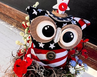 Owl, Americana Owl, Fourth of July, Patriotic, Whimsical, Assemblage, Thrifted, Tiered Tray, Shelf Sitter, Vignette, Tin Coffee Mug,