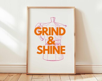 Coffee Percolator Print | Grind & Shine, Pink Orange Wall Art (Digital Download)