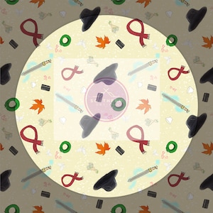 May include: A seamless pattern featuring a variety of whimsical illustrations on a light yellow background. The pattern includes red scarves, green wreaths, swords, black hats, and autumn leaves.