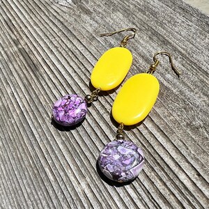 Living Colors Yellow with Purple long dangle earrings * I LOVE PURPLE!