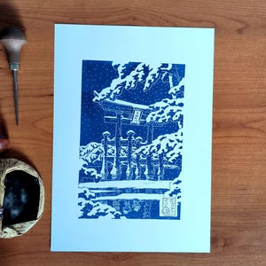 Handmade linocut print Japanese Torii print under the snow handmade wall decoration Japanese style