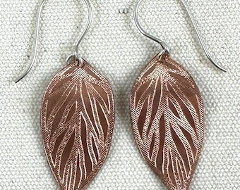 Sterling Silver and Copper Leaf Dangle Earrings, Engraved Beech Leaf