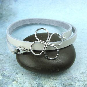 Clover Leather Wrap Bracelet, Silver Four Leaf Clover Leather Bracelet Sterling Silver Bracelet Leather Wrap Bracelet Gift for Her