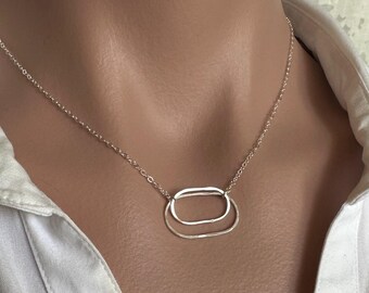 Sterling Silver Derby Necklace – Horizontal or Vertical Hammered Oval Pendant, Minimal Artisan Jewelry