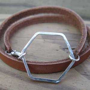Hexagon Leather and Silver Wrap Bracelet, sterling silver leather wrap bracelet simple bracelet stackable bracelet