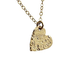 Swirly Heart 14K Gold-Filled Heart Necklace: Hand-Stamped Swirl Design