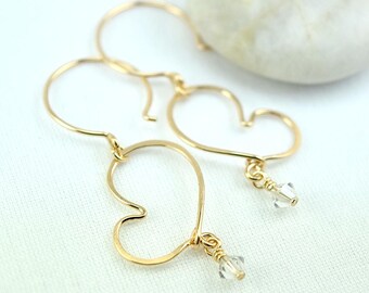 Cherish Hearts Gold Earrings with Crystals, 14K Gold-Filled Heart Dangle Earrings