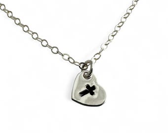 Sterling Silver Heart Cross Necklace: Minimalist Faith Pendant