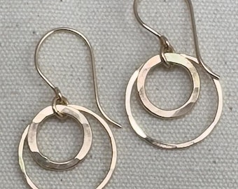 Dainty Double Circle Earrings, Gold Filled Hammered Hoops, Minimalist Dangle Earrings, Lightweight Everyday Jewelry