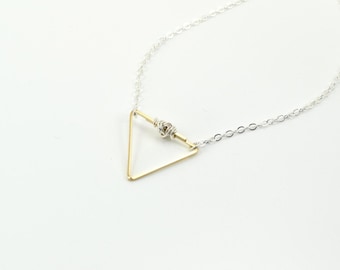 Balance Silver and Gold Triangle Necklace, triangle pendant mixed metal silver and gold necklace two tone metal