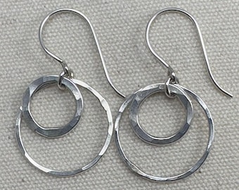 Dainty Double Circle Earrings, Sterling Silver Hammered Hoops, Minimalist Dangle Earrings, Lightweight Everyday Jewelry