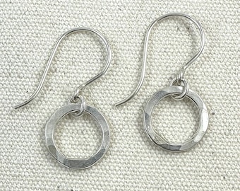 Dainty Silver Circle Earrings, Hammered Sterling Silver Hoops, Minimalist Everyday Earrings, Lightweight Jewelry