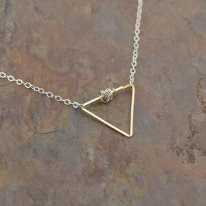Balance Silver and Gold Triangle Necklace, triangle pendant mixed metal silver and gold necklace two tone metal