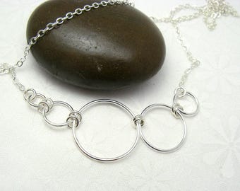 Nexus Silver Asymmetrical Circles Necklace, sterling silver statement necklace geometric modern necklace linked circle necklace gift for her