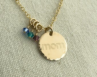 Gold Filled Mom Necklace with Engraved Charm & Birthstones