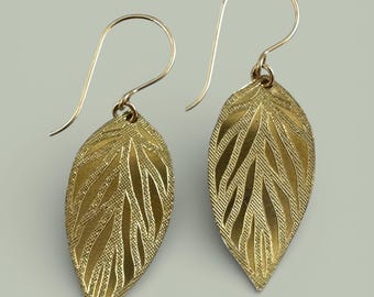 Gold Leaf Dangle Earrings, Engraved Beech Leaf