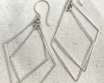 Prism Silver Earrings,  Sterling Silver Diamond Shaped Interlocking Dangle Earrings
