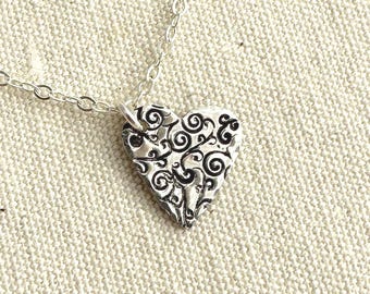 Handmade Sterling Silver Swirly Heart Necklace: Whimsical Valentines Jewelry