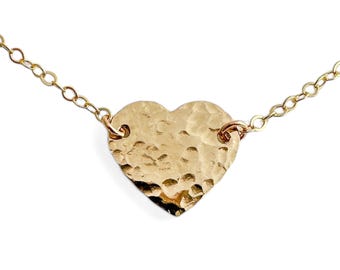 Hammered Gold Heart Necklace: 14K Gold-Filled Cable Chain