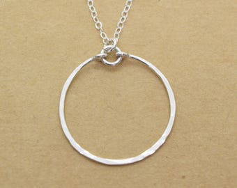 Meridian Silver Necklace, Sterling Silver Circle Pendant Necklace, Hammered Pendant Layering Necklace, Simple and Delicate