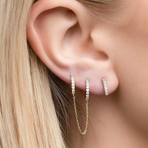Chic Minimalist Pave Duo Chain Earrings, Gold Diamond Huggie Ear Chains, Trendy Accessory for Effortless Elegance, Women's Jewellery!