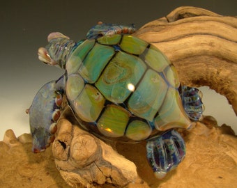 Glass Sea Turtle Sculpture Nautical Gold Fumed figurine Home office art Curio by Chris Upp