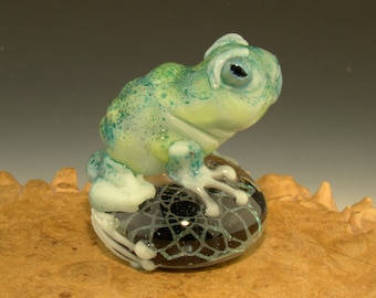 Glass Frog on a Dichroic Paperweight Flower mandala Toad Figurine Art Home decor curio ( Ready to Ship )