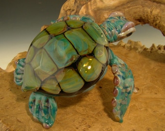4.25" Glass Sea Turtle Honu Sculpture Nautical Gold Fumed figurine Home office art Curio by Chris Upp Made to Order