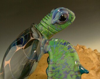 6" Glass Sea Turtle Honu Sculpture Nautical Gold Fumed figurine Home art office art by Chris Upp (made to order)