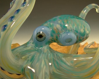 6" Glass Octopus Sculpture Sparkling Blue figurine Aquarium Nautical Home Art Curio by Chris Upp Made to Order