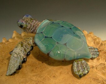 Glass Sea Turtle Sculpture Nautical Gold Fumed figurine Home art by Chris Upp ( Ready to Ship )