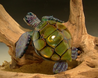 4.5" Glass Sea Turtle Sculpture Nautical Gold Fumed figurine Home office Honu art Curio by Chris Upp (ready to ship)