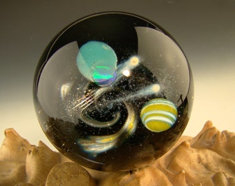 1.9" Marble Glass Space Scene 2 Planet Galaxy Art by KIMMO Opal Comet orb Sphere Home art curio VGW