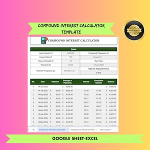 複利計算テンプレート | GoogleスプレッドシートとExcel | 貯蓄と投資トラッカー | 財務プランナー | すぐにダウンロード