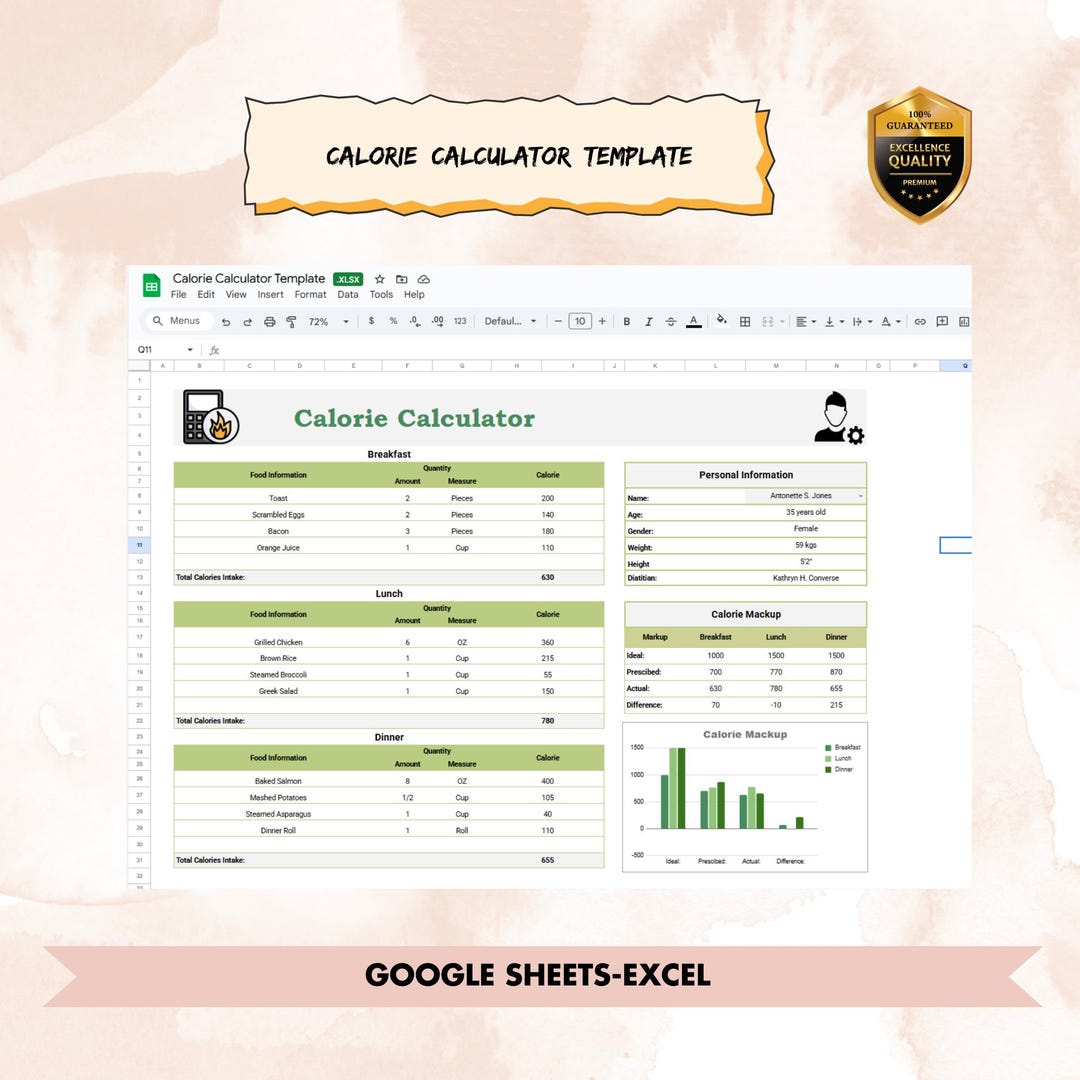 Calorie Calculator Template | Google Sheets & Excel, Nutrition Planner ...