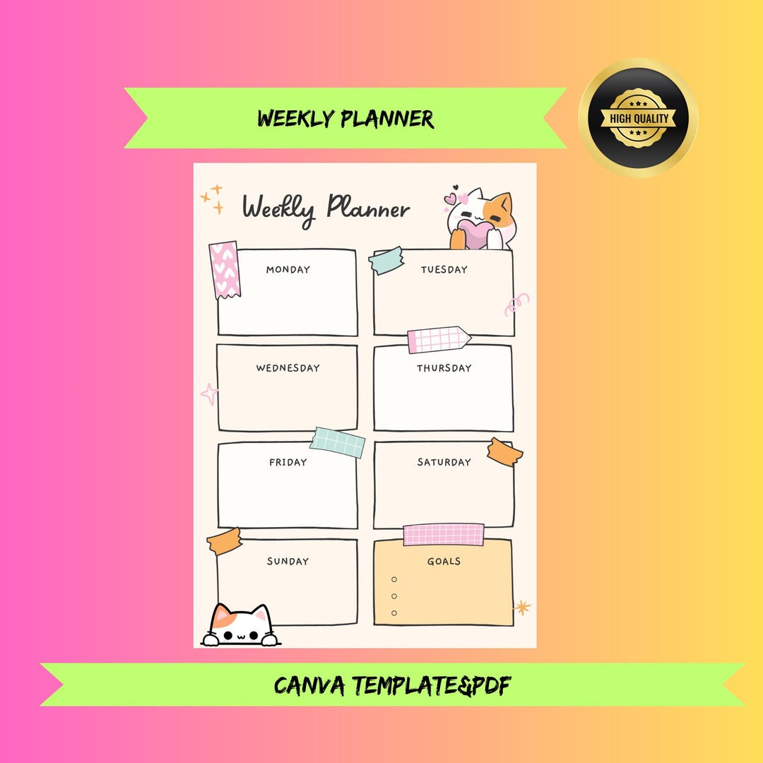 Cute Cat Weekly Planner | Canva Template + Printable PDF | Kawaii ...