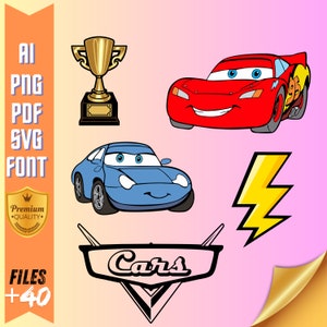 Paquete Mega Cars / +40 PNG / Logotipos de personajes de autos / Rayo McQueen / Paquete SVG / Clipart inspirado en animación