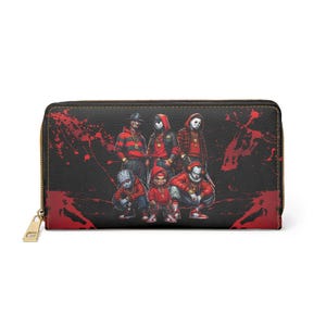 Horror Icons Zipper Wallet, Blood Splatter Design, Freddy Kruger, Jason, Pennywise, Hellraiser, Chucky, Michael Myers, Horror Fans Gift -