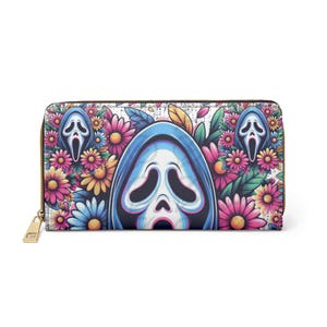 Reißverschluss-Geldbörse mit Geistergesicht und Frühlingsblumen, Horrorfilm-Fan Geschenk, Floral Geldbörse, Frühlings geblümte Geldbörse, Zip rund Geldbörse, Geschenk