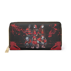Cartera con cremallera con iconos del terror, diseño con salpicaduras de sangre, Freddy Kruger, Jason, Pennywise, Hellraiser, Chucky, Michael Myers, regalo para fanáticos del terror