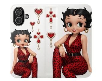 Betty Boop hoesje rode jumpsuit met luipaardprint | Portemonneehoesje voor telefoon