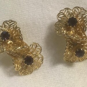 GOLDEN FLOWER EARRINGS purple rhinestones clip on vintage