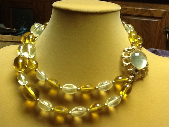 Amber and yellow lucite necklace and earrings - image 1