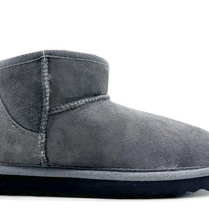May include: Gray suede ankle boots with a black rubber sole.