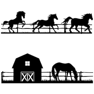 May include: Black silhouette of three horses running in a fenced field. Below, a black silhouette of a barn with a single window and a door with the number XIX on it. A black silhouette of a horse grazing in a fenced field.