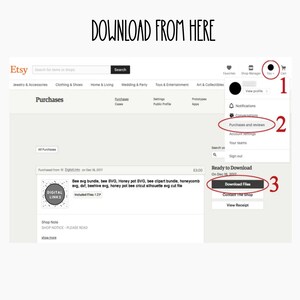 May include: Screenshot of an Etsy purchase page showing a download button for a digital product titled "Bee svg bundle, bee SVG, Honey pot SVG, bee clipart bundle, honeycomb svg, dxf, beehive svg, honey pot bee cricut silhouette svg cut file". The download button is labeled "Download Files".