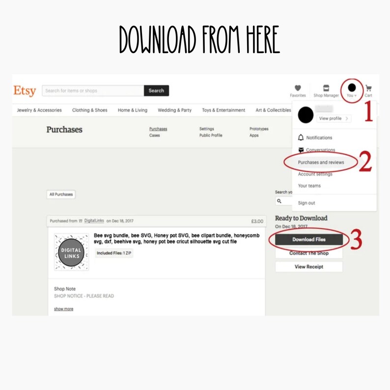 May include: Screenshot of an Etsy purchase page showing a download button for a digital product titled "Bee svg bundle, bee SVG, Honey pot SVG, bee clipart bundle, honeycomb svg, dxf, beehive svg, honey pot bee cricut silhouette svg cut file". The download button is labeled "Download Files".