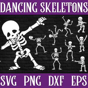 May include: A digital design file featuring 12 dancing skeleton illustrations in a white silhouette against a black brick background. The text "Dancing Skeletons" is at the top of the image and "SVG PNG DXF EPS" is at the bottom.